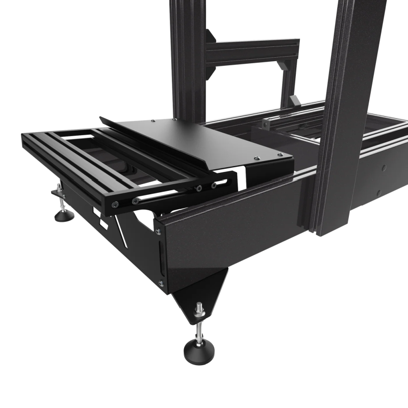 Close-up of Advanced SimRacing ASR-Pro aluminum pedal tray and heel rest – Infinite Black racing simulator chassis