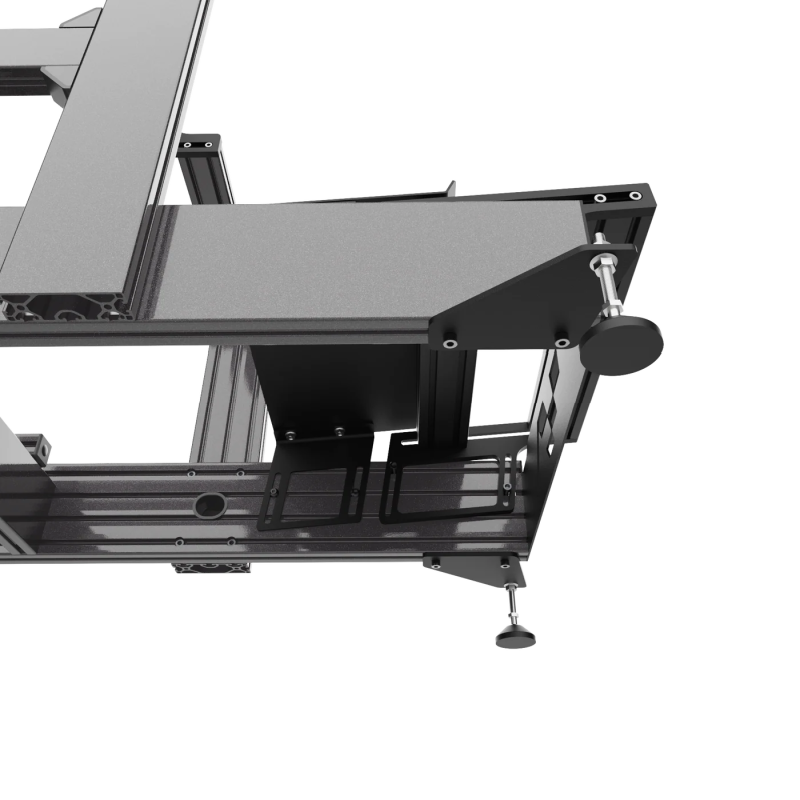 Bottom view of Advanced SimRacing ASR-Pro pedal tray and heel rest – Infinite Black aluminum racing simulator chassis