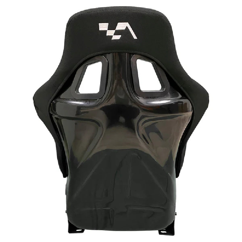 Rear view of ASR Bucket Seat in Black with glossy black fiberglass shell and integrated harness openings