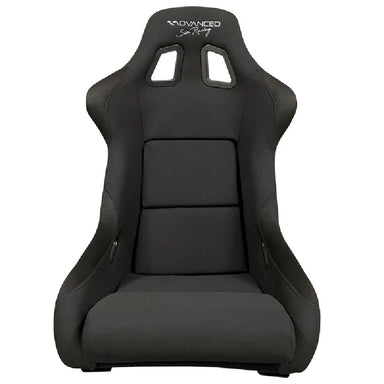 Front view of ASR Bucket Seat in Black, fixed-back sim racing seat with side bolsters and harness slots
