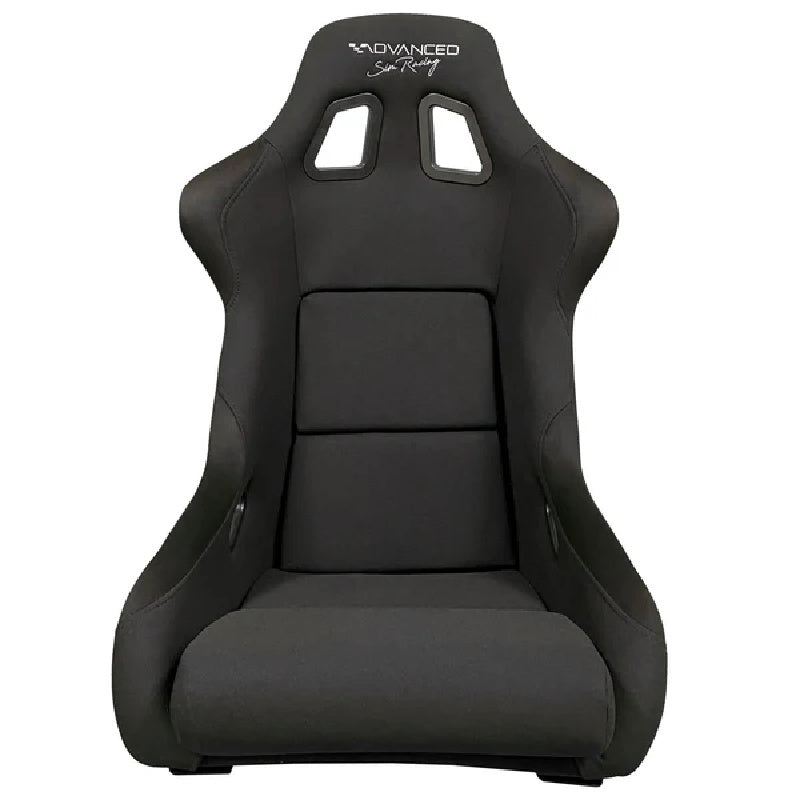 Front view of ASR Bucket Seat in Black, fixed-back sim racing seat with side bolsters and harness slots