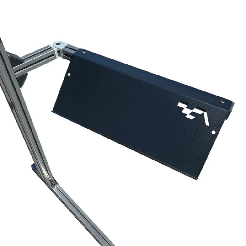 Angled view of ASR Keyboard Tray - Matte Black attached to an 80 20 sim racing chassis