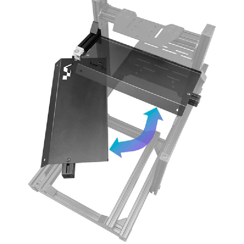 Illustration of ASR Keyboard Tray - Matte Black swinging in and out from the sim rig frame